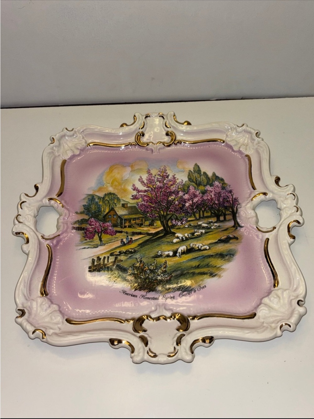 Vintage pink porcelain square tray Cutout Handles